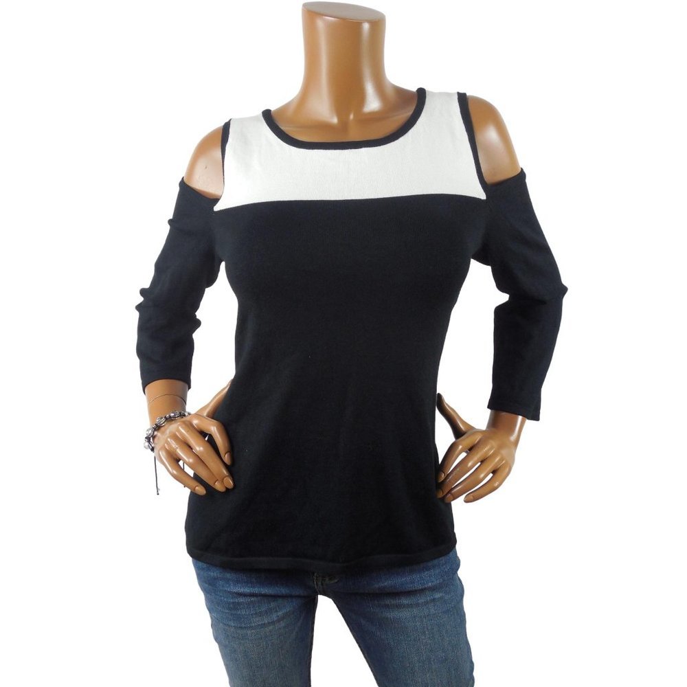 CABLE & GAUGE Top L Cold Shoulder Sweater Black/White Casual Knit Long Sleeves